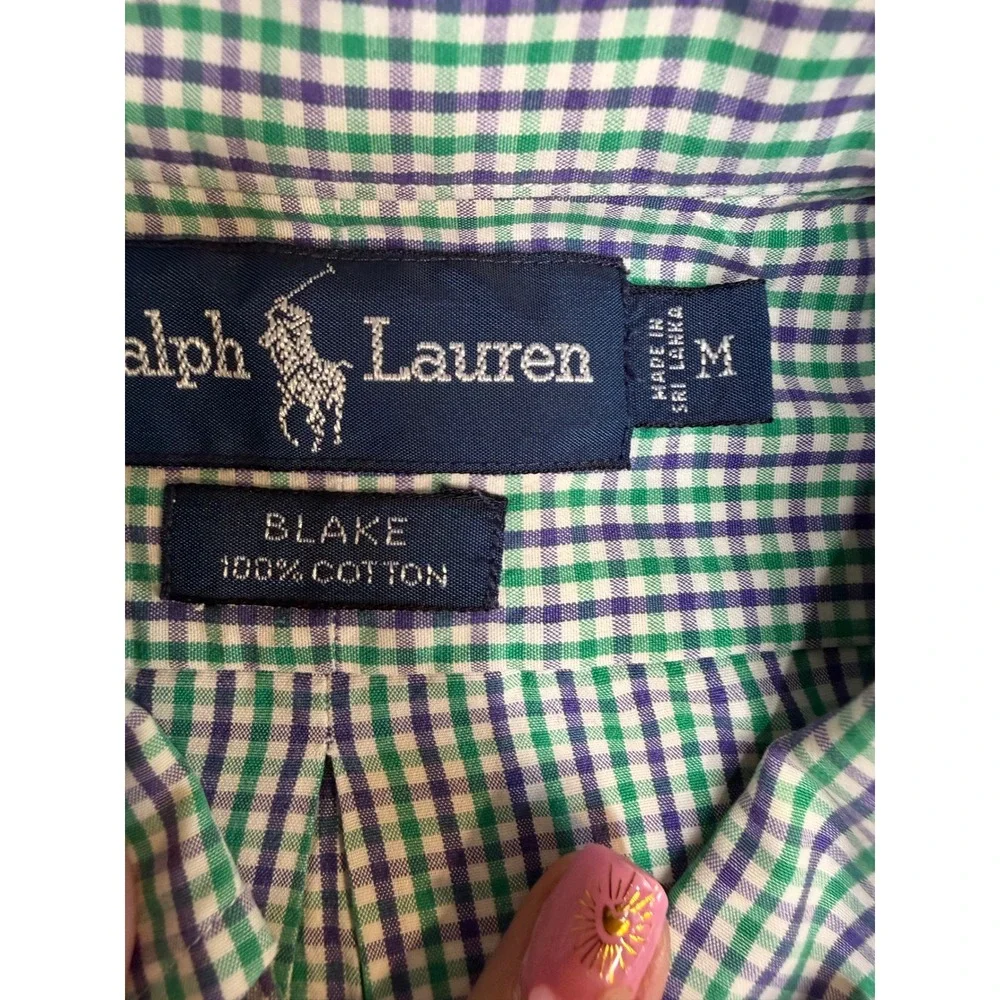 Ralph Lauren Blake M Green Purple Gingham Check Short Sleeve Button Down Shirt